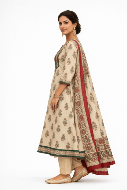 Beige Floral Cotton Kurta Dupatta Set