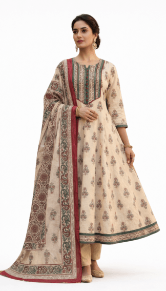 Beige Floral Cotton Kurta Dupatta Set