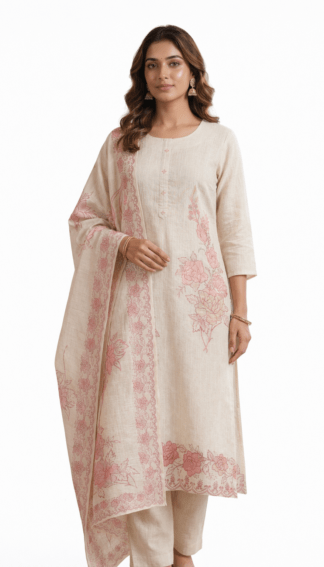 Classic Beige & Pink Printed Cotton Suit Set