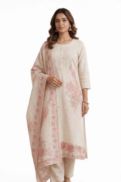 Classic Beige & Pink Printed Cotton Suit Set