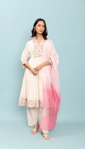 Pink Linen Kurta Set with Chiffon Dupatta