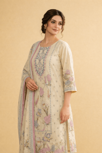model wearing printed cotton kurta set with dupatta