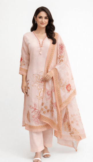 Peach Blossom Printed Cotton Kurta Set with Dupatta