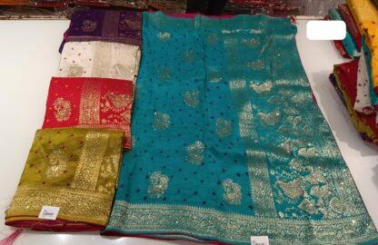 Bandhej collection multicolor bandhani print silk sarees with kundan and zari peacock motifs, wholesale lot