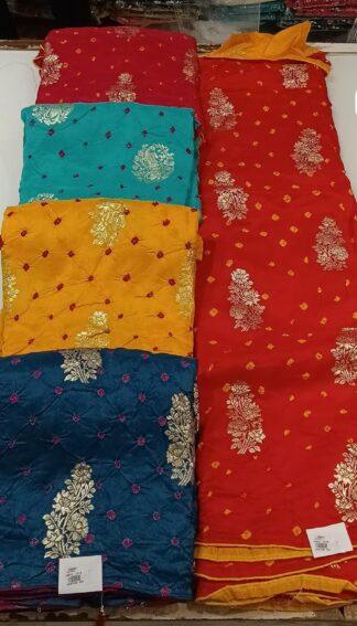 Bandhej collection multicolor bandhani print silk sarees with kundan and zari peacock motifs, wholesale lot