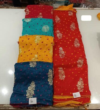 Bandhej collection multicolor bandhani print silk sarees with kundan and zari peacock motifs, wholesale lot