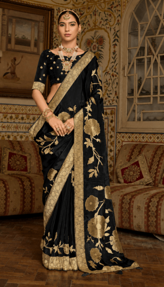 Black silk saree with golden zari floral border and embroidered blouse - traditional wedding wear