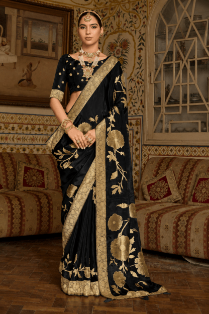 Black silk saree with golden zari floral border and embroidered blouse - traditional wedding wear