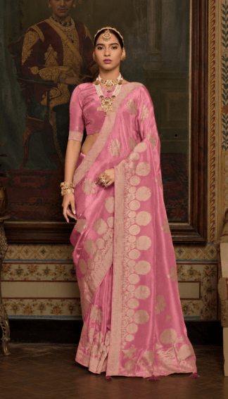 Pink silk saree with gold zari circular medallion motifs and contrast woven border