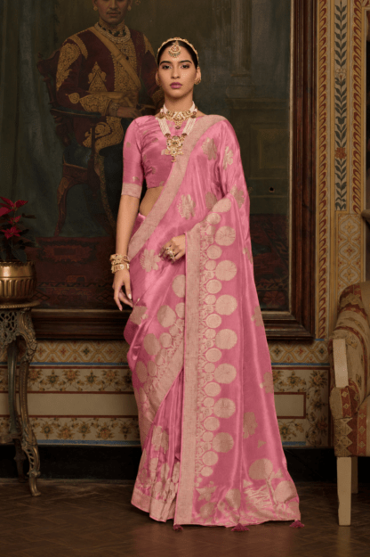 Pink silk saree with gold zari circular medallion motifs and contrast woven border