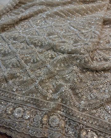Ivory Beige Sequin Embroidered Designer Saree with Stitched Blouse