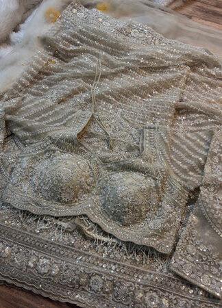 Ivory Beige Sequin Embroidered Designer Saree with Stitched Blouse