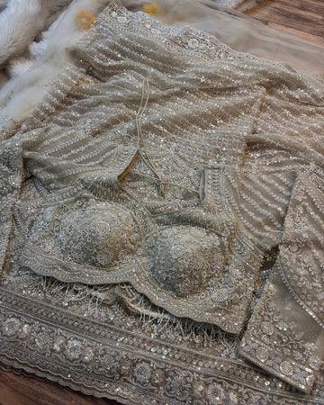 Ivory Beige Sequin Embroidered Designer Saree with Stitched Blouse