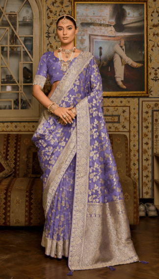 Lavender Banarasi silk saree with gold zari floral weave and matching blouse — bridal wedding wear