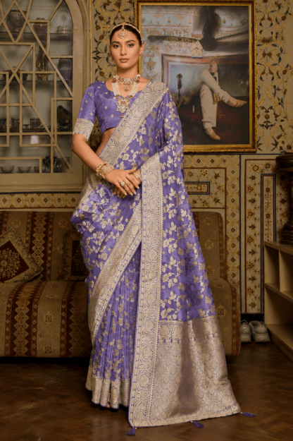 Lavender Banarasi silk saree with gold zari floral weave and matching blouse — bridal wedding wear