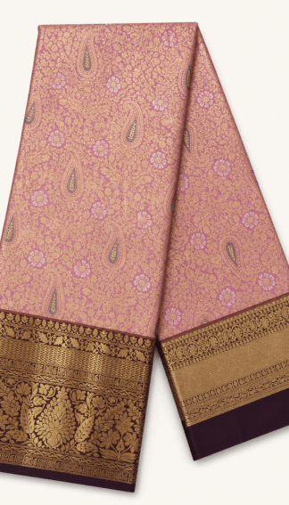 Pink Kanchipuram Silk Saree with Gold Zari Paisley Weave & Contrast Border