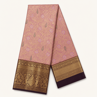 Pink Kanchipuram Silk Saree with Gold Zari Paisley Weave & Contrast Border