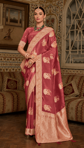 Rose Pink Banarasi Silk Saree with Gold Zari Border