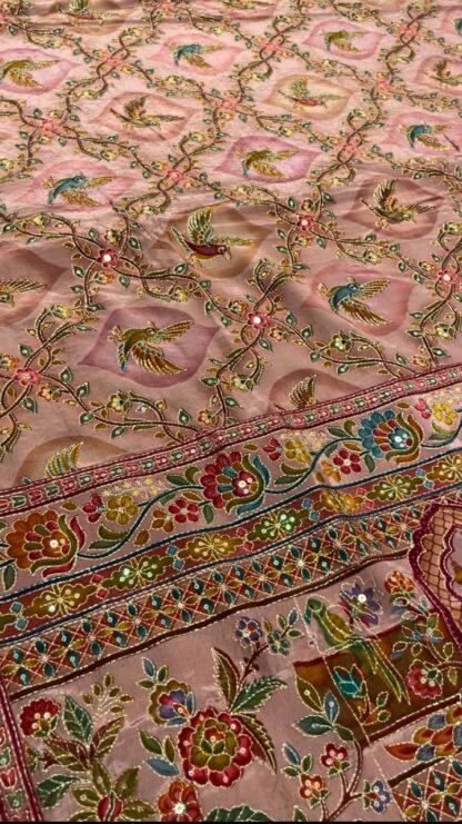 Dusty Pink Chinnon Saree with Bird Motif Zari Embroidery with Ready Blouse
