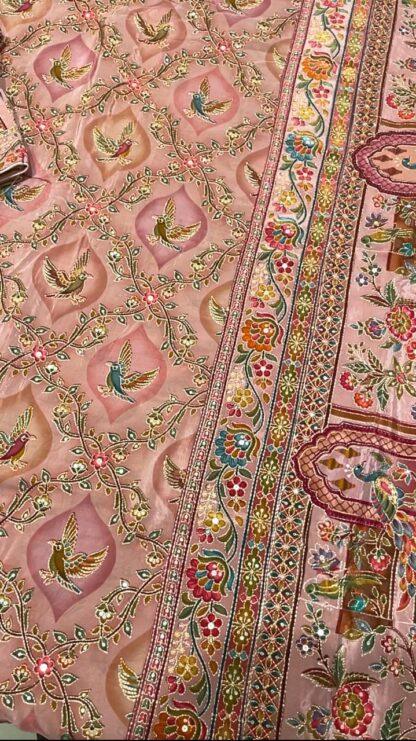 Dusty Pink Chinnon Saree with Bird Motif Zari Embroidery with Ready Blouse