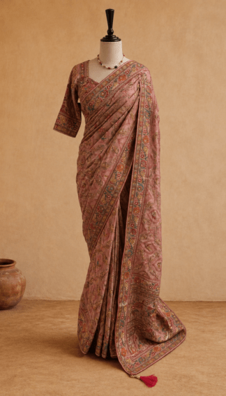 Dusty Pink Chinnon Saree with Bird Motif Zari Embroidery with Ready Blouse