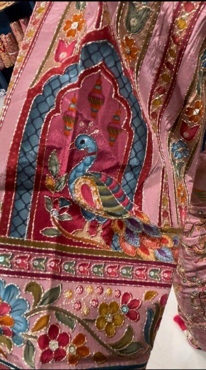 Dusty Pink Chinnon Saree with Bird Motif Zari Embroidery with Ready Blouse