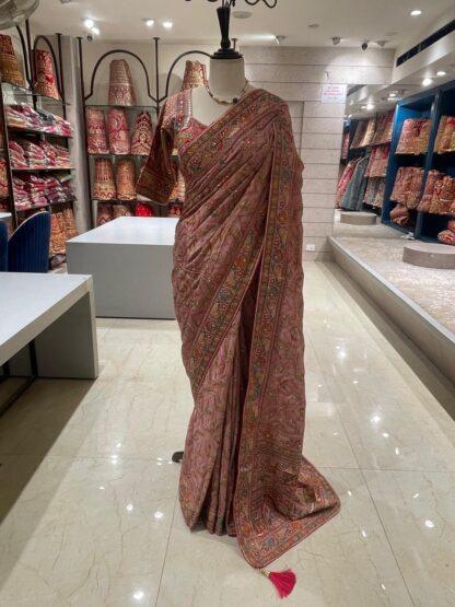 Dusty Pink Chinnon Saree with Bird Motif Zari Embroidery with Ready Blouse