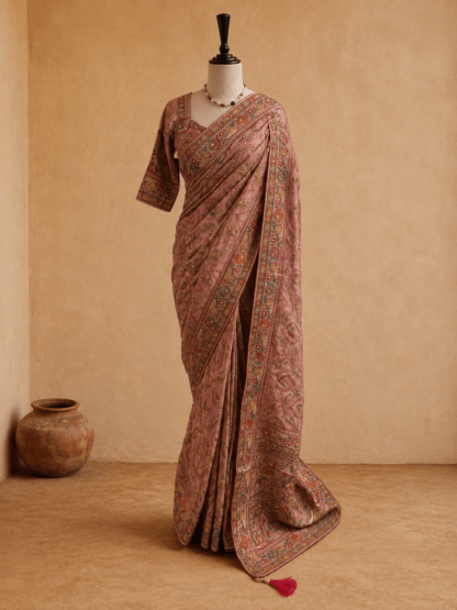 Dusty Pink Chinnon Saree with Bird Motif Zari Embroidery with Ready Blouse