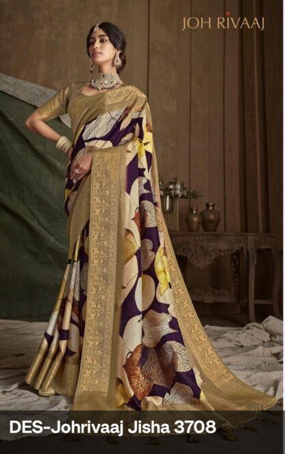 Jisha by Joh Rivaaj digital print silk saree catalog featuring 9 designs with zari border