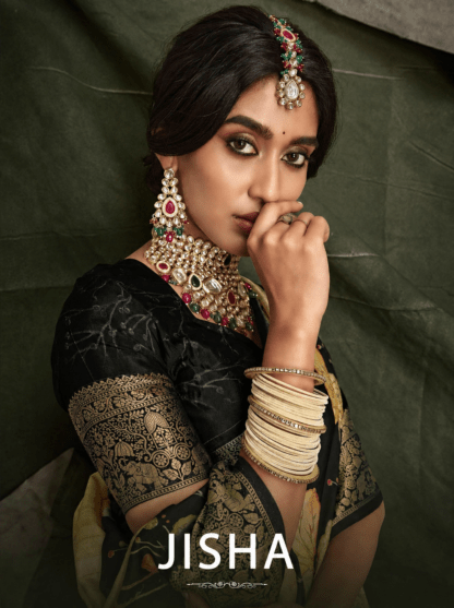 Jisha by Joh Rivaaj digital print silk saree catalog featuring 9 designs with zari border