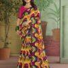 "Multicolor abstract print georgette saree with pink pin-tuck blouse, front view full length"