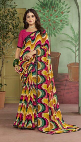 "Multicolor abstract print georgette saree with pink pin-tuck blouse, front view full length"