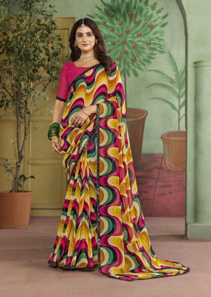 "Multicolor abstract print georgette saree with pink pin-tuck blouse, front view full length"