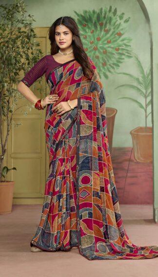 Multicolor georgette abstract geometric printed saree with blouse piece - Sagar Sarees