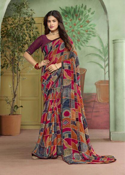 Multicolor georgette abstract geometric printed saree with blouse piece - Sagar Sarees