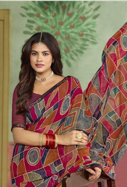 Multicolor georgette abstract geometric printed saree with blouse piece - Sagar Sarees