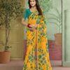 Mustard Yellow georgette bubble print saree with teal blouse piece - Sagar Sarees