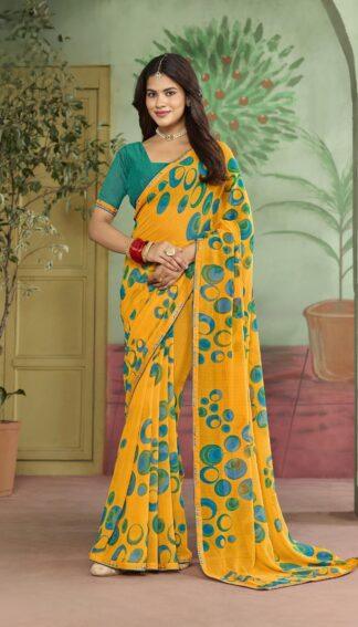 Mustard Yellow georgette bubble print saree with teal blouse piece - Sagar Sarees
