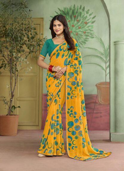 Mustard Yellow georgette bubble print saree with teal blouse piece - Sagar Sarees