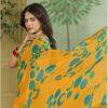Mustard Yellow georgette bubble print saree with teal blouse piece - Sagar Sarees