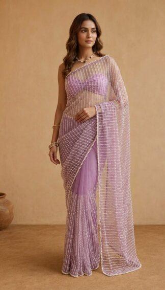 Pearl Embellished Net Saree with Diagonal Pearl Lines
