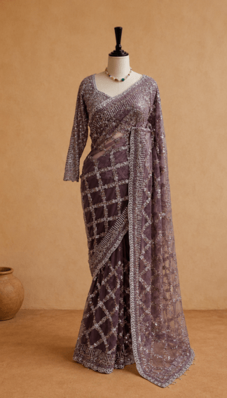 mauve embellished net saree draped on mannequin with flowing pallu