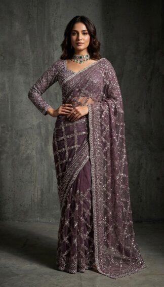 Sequin Embellished Net Saree with Full Sleeve Blouse and Diamond Grid Work