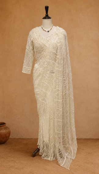 Ivory net saree with sequin floral vine embroidery and matching full-sleeve blouse, styled on mannequin