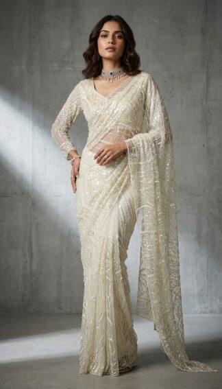 Sequin Embroidered Net Saree with Floral Vine Design & Stone Necklace Look