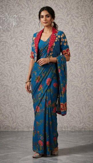 Woman wearing teal blue floral print saree
