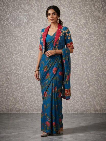 Woman wearing teal blue floral print saree
