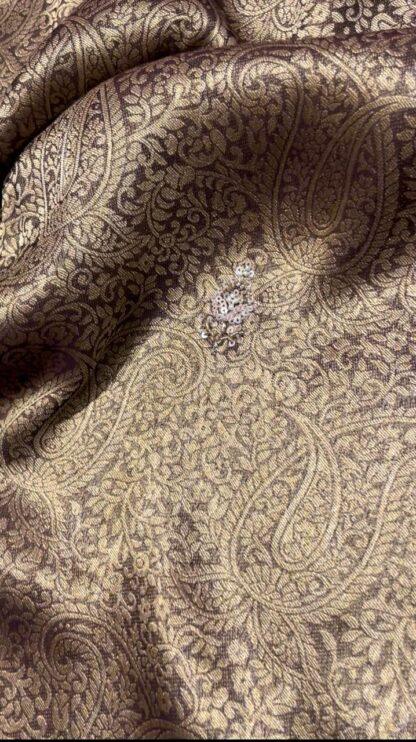 Wine tissue silk saree with gold floral embroidered pallu and border