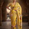 Yellow floral print silk saree with embroidered border and jacket-style blouse for women