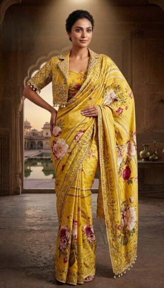 Yellow floral print silk saree with embroidered border and jacket-style blouse for women